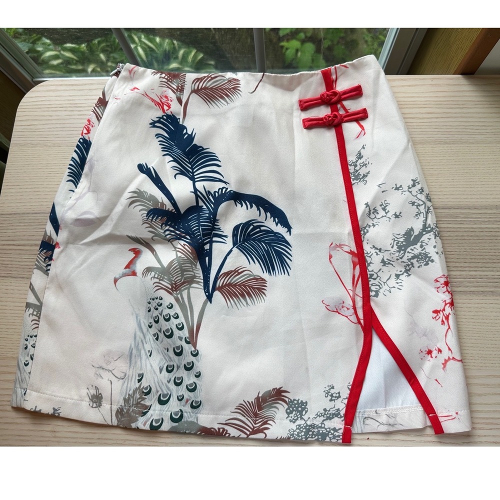 Women Tropical Print Mini Skirt Frog Button Slit Size S Asian inspired chinese